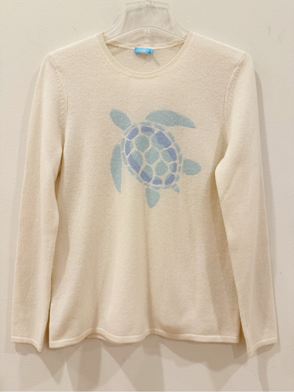 J McLaughlin Cashmere Novelty Sweater Medium Cream Blue Sea Turtle Long Sleeve